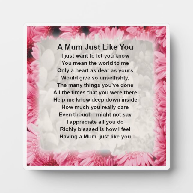 Plaque de poème maman - Design floral rose (Devant)
