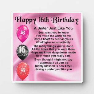 Plaque de poème Soeur 16e anniversaire