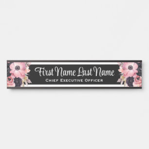 Plaque de porte de bureau à fleurs rose noir avec