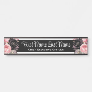 Plaque de porte de bureau à fleurs rose noir avec