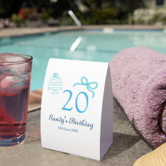 Plaque De Table 20th Birthday blue bow cake name date pastel retro
