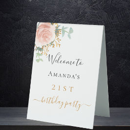 Plaque De Table Accueil eucalyptus rose pâle à l'anniversaire