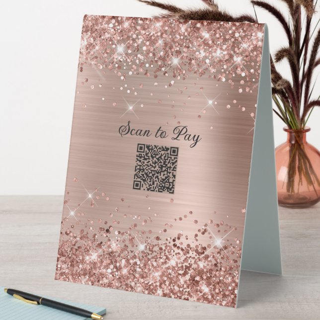 Plaque De Table Analyser pour payer QR Code Glitter Rose Gold Glam (En SItu (Tableau))