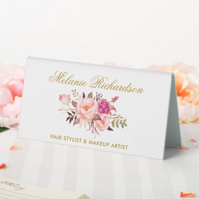 Plaque De Table Aquarelle Pink Blush Floral Gold Name Sign (In SItu (Mariage))
