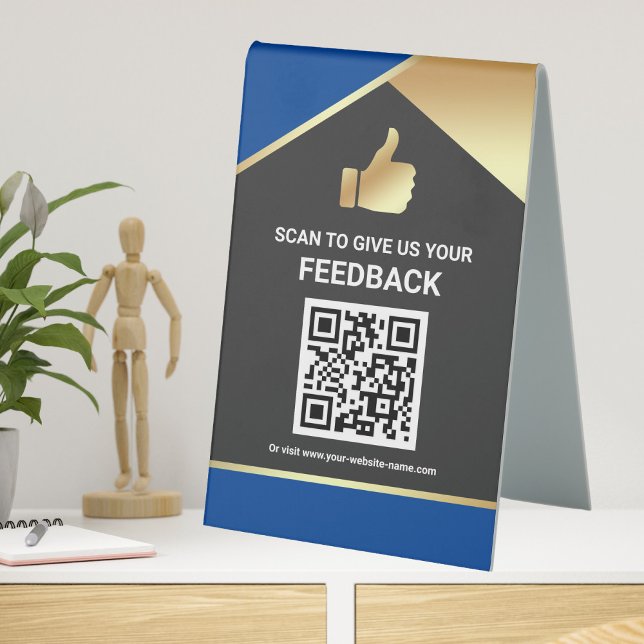Plaque De Table Avis de client sur le code QR Blue Gold (Créateur téléchargé)