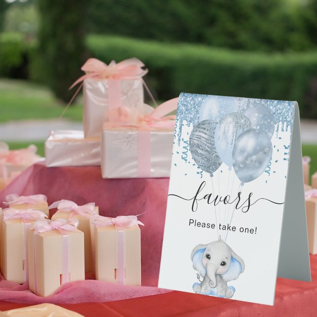 Plaque De Table Baby shower éléphant garçon bleu ballons blanc fav (Créateur téléchargé)