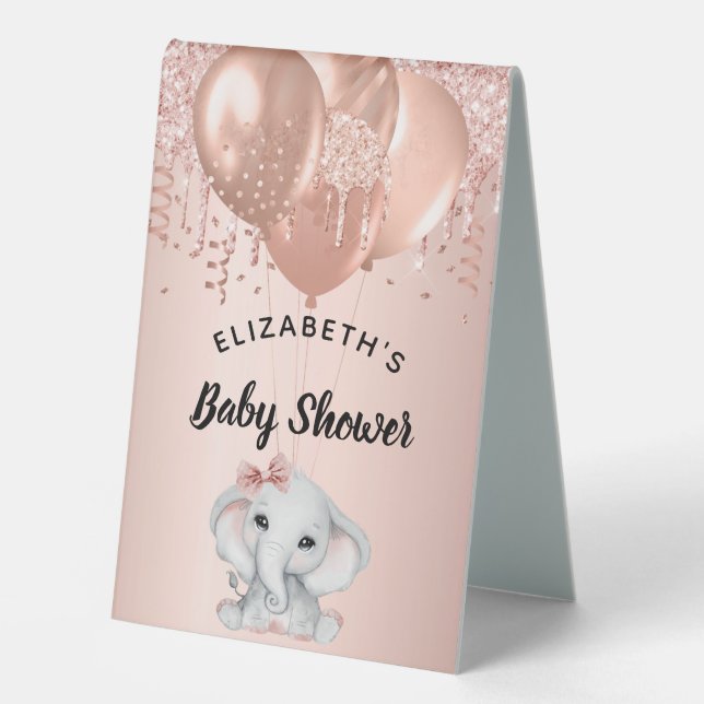 Plaque De Table Baby shower éléphant rose ballons d'or fille (Recto)