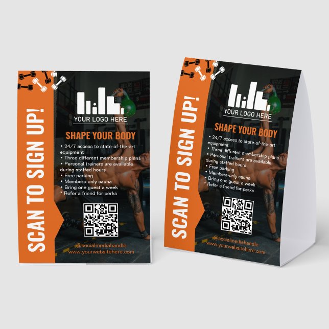 Plaque De Table Black Orange Dumbbells Sign Up Gym Membership (Recto/verso)