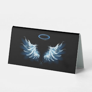 Plaque De Table Blue Glowing Angel Wings on black background
