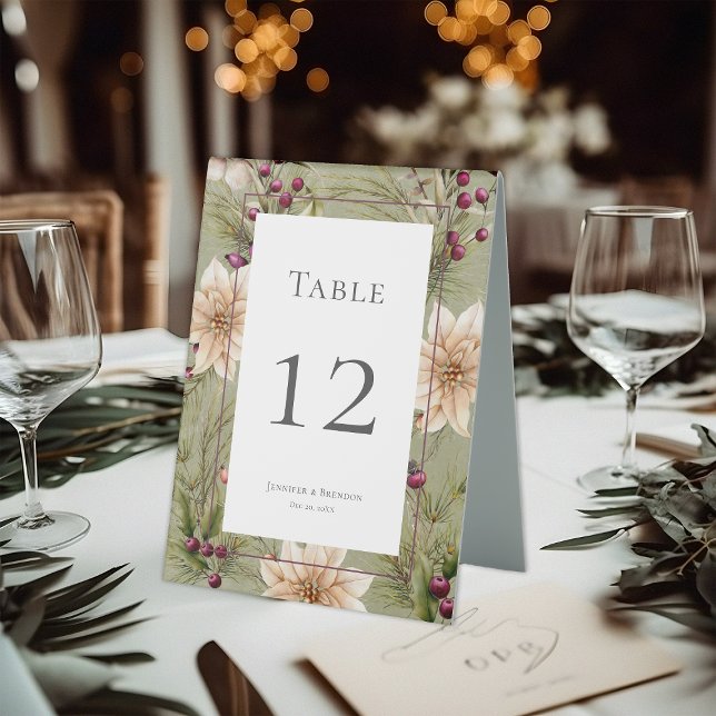 Plaque De Table Boho Hiver Végétation Boughs Vert Sage (Boho Winter Greenery Boughs Sage Tent Table Number)