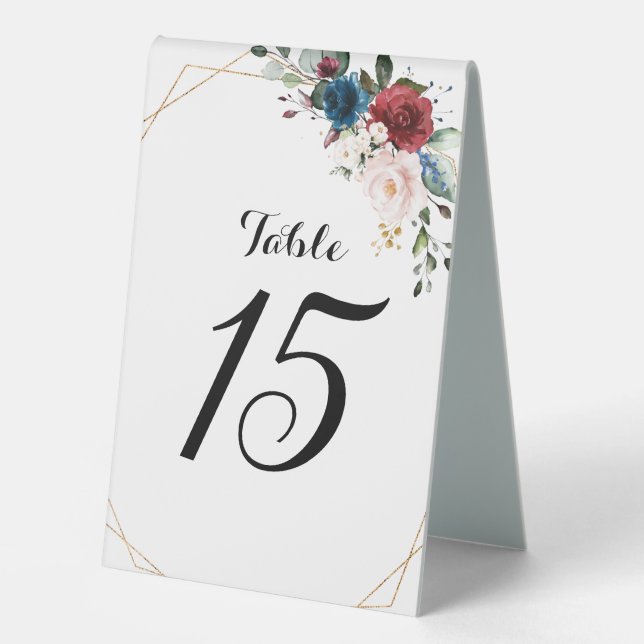 Plaque De Table Burgundy Navy Blush Floral Gold Mariage géométriqu (Recto)