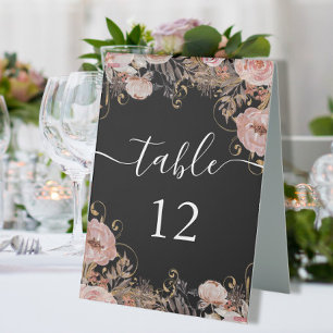 Plaque De Table Chute Floral Blush Rose Aquarelle noire Rose Or