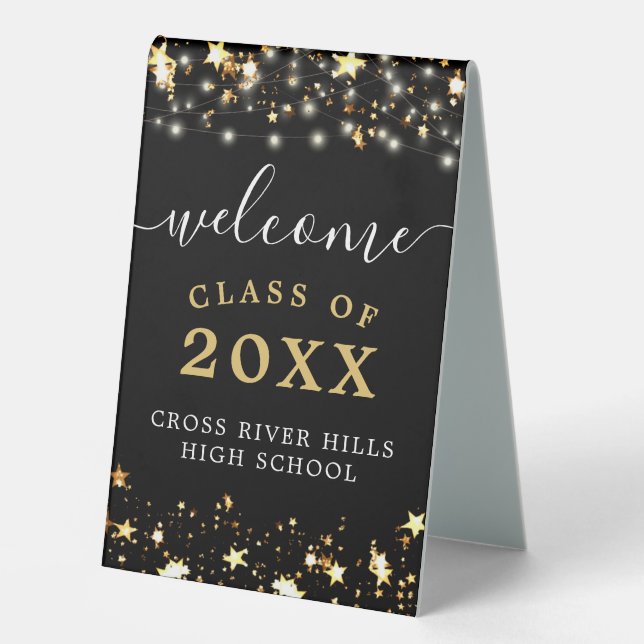 Plaque De Table Classe Reunion Welcome Black Gold Stars Lumières (Recto)