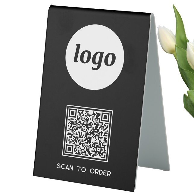 Plaque De Table Code QR Logo Entreprise Scannez pour Commander Noi (Logo QR code Scan to Order table tent sign for cafe bar restaurant shop store stall business)