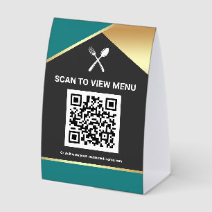 Plaque De Table Code QR Menu Numérique Bleu Turquoise Or pour Rest