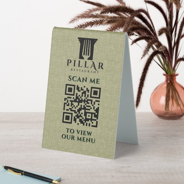 Plaque De Table Code QR MenuSage Green Linen Logo personnalisé (En SItu (Tableau))