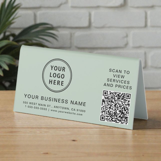 Plaque De Table Code QR Sage Vert Logo d'entreprise (Business Logo Sage Green QR Code Table Tent)
