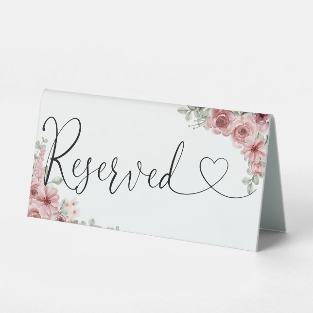 Plaque De Table Cœur floral de roses Script Réservé (Recto)