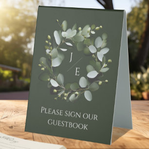 Plaque De Table Couronne Monogramme Eucalyptus moderne   Vert Fonc