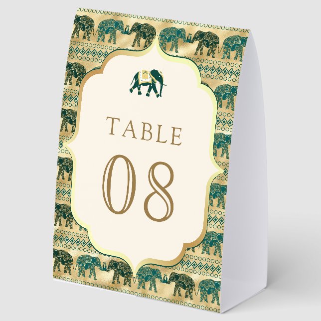 Plaque De Table Cream Emerald Elephant Indian Wedding Table Number (Recto)