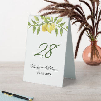 Plaque De Table Elégant citrons aquarelle verdure Mariage Numéro