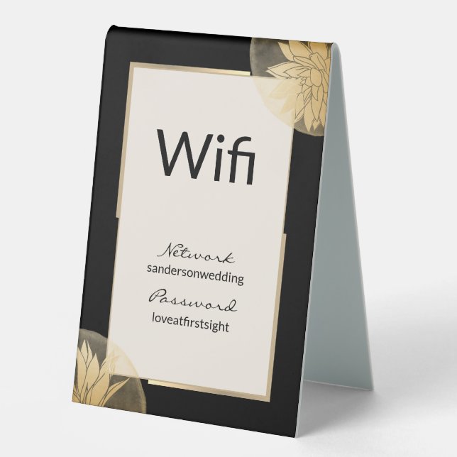 Plaque De Table Elégant Mariage Wifi Détails Black Gold (Recto)