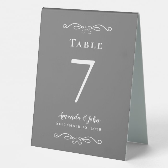 Plaque De Table Élégant numéro de mariage Calligraphie gris blanc  (Verso)