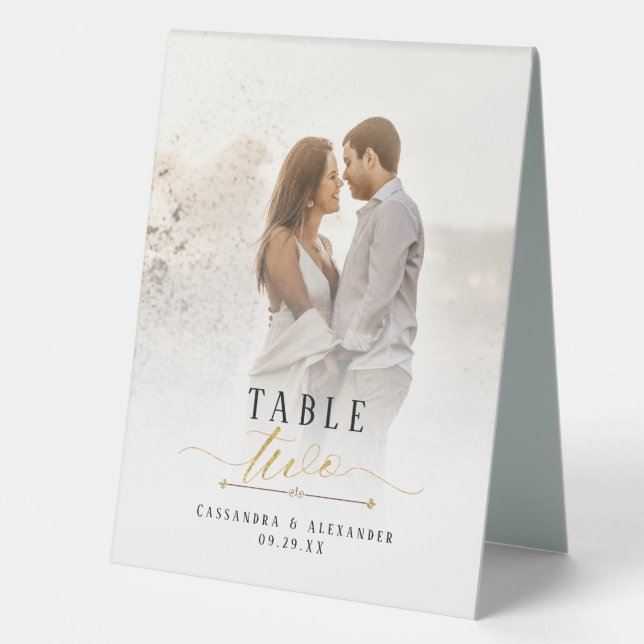 Plaque De Table Élégant script photo Parties scintillant or Mariag (Recto)