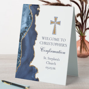 Plaque De Table Élégante Confirmation Bleu Nuit Or Église