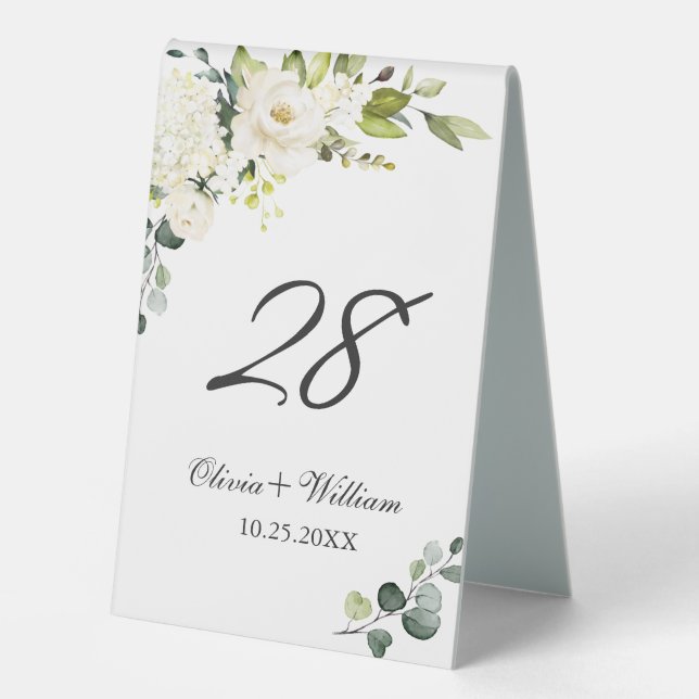 Plaque De Table Elégante Eucalyptus Roses Blanches Tente de table  (Recto)