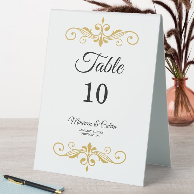 Plaque De Table Elégante Filigree or sur blanc, Mariage (En SItu (Tableau))
