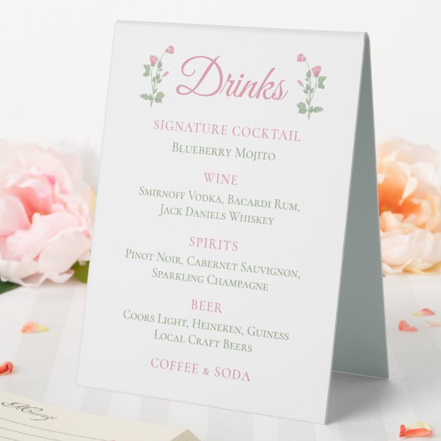 Plaque De Table Élégantes Fleurs Rose Floral Mariage Bar Boissons (In SItu (Mariage))