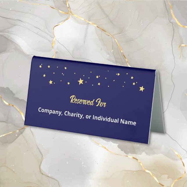 Plaque De Table Événement de gala Elégant Marine Blue Gold Stars R (Reserved Table Tent Sign with Gold Stars for Gala Event, Fundraiser, Benefit, Charity Gala Ball.)