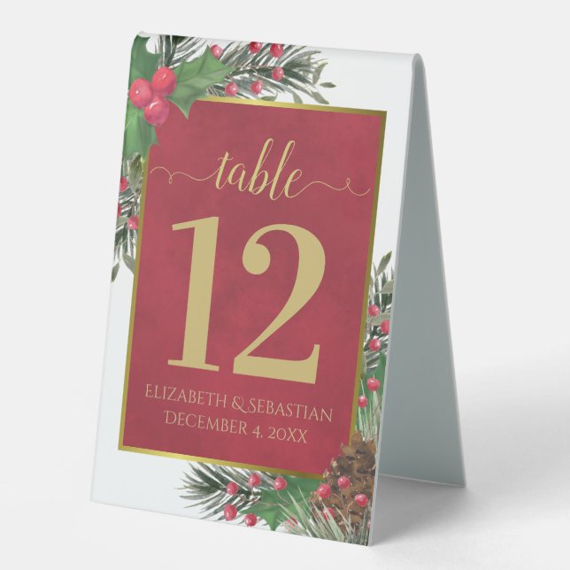 Plaque De Table Festive Holly & Pine Elegant Wedding Table Number (Recto)