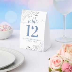 Plaque De Table Frills d'argent bleu sur le Mariage blanc Numéro d