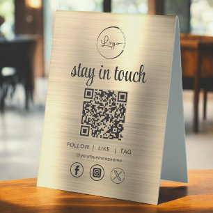 Plaque De Table Gold Social Media QR Code Business Logo