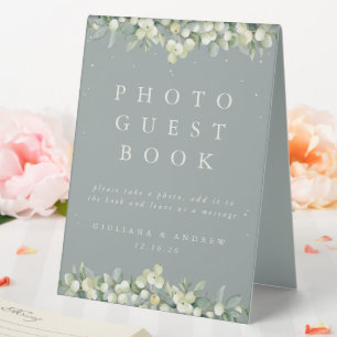 Plaque De Table Green Snowberry+Eucalyptus Mariage Photo GuestBook