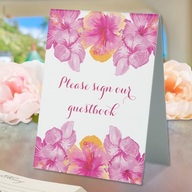 Plaque De Table Hibiscus brossé Mariage floral (Brushed Hibiscus Floral Wedding Table Tent Sign)