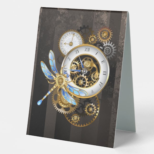 Plaque De Table Horloge à vapeur avec libellule mécanique (Recto)
