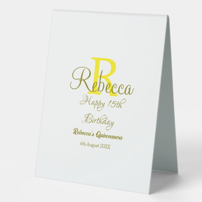 Plaque De Table Joyeux 15e anniversaire jaune ajouter nom monogram (Recto)
