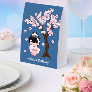 Plaque De Table Kimonos rose Kawaii Poupée Kokeshi sur fond bleu