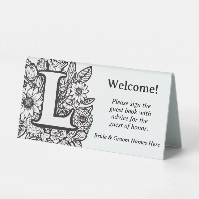 Plaque De Table Lettre L Mariage Floral noir et blanc (Recto)