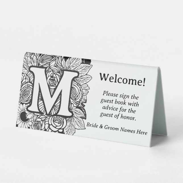 Plaque De Table Lettre M Mariage Floral noir et blanc (Recto)