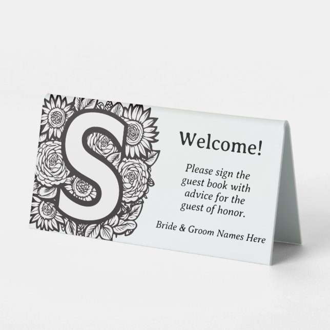 Plaque De Table Lettre S Mariage Floral noir et blanc (Recto)