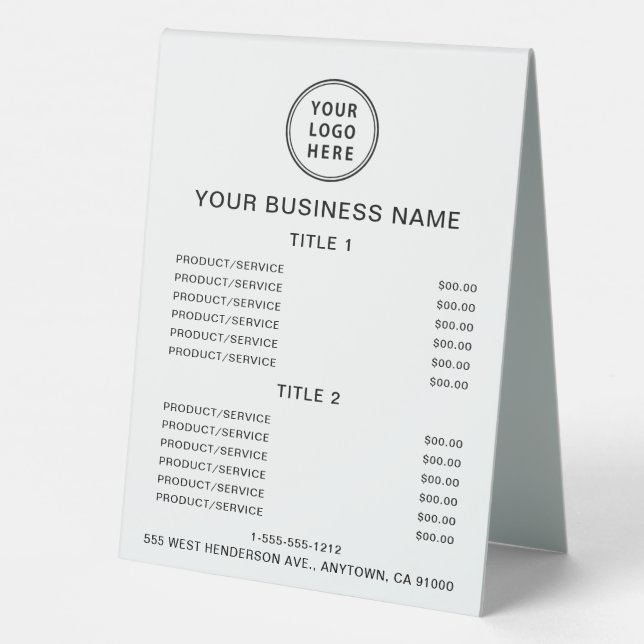 Plaque De Table Liste des prix du logo de l'entreprise (Verso)