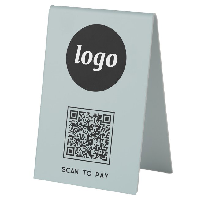 Plaque De Table Logo Code QR Entreprise Bleu Poussiéreux Scannez p (Simple logo QR code business promotional Scan To Pay table tent sign)