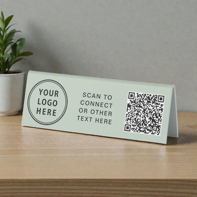 Plaque De Table Logo d'entreprise Code QR Vert Sauge (Business Logo Sage Green QR Code Table Tent)