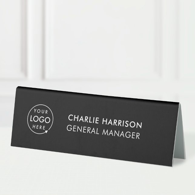 Plaque De Table Logo d'entreprise | Plaque de nom de bureau noir m (Black company branded nameplate table tent desk signs for small business employee & office signage.)