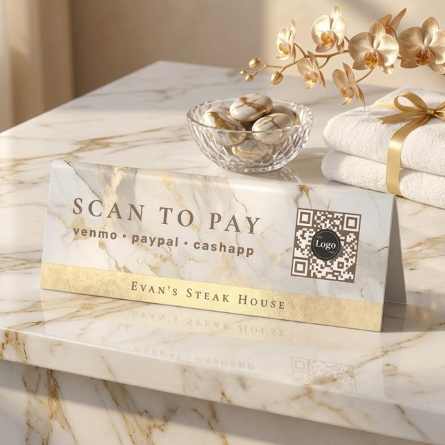 Plaque De Table Marbre blanc agate élégant Code QR Scan pour payer (Elegant Agate White Marble Qr Code Scan To Pay Table Tent)