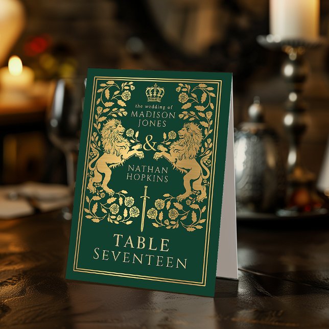 Plaque De Table Mariage du lion médiéval royal vert (Créateur téléchargé)